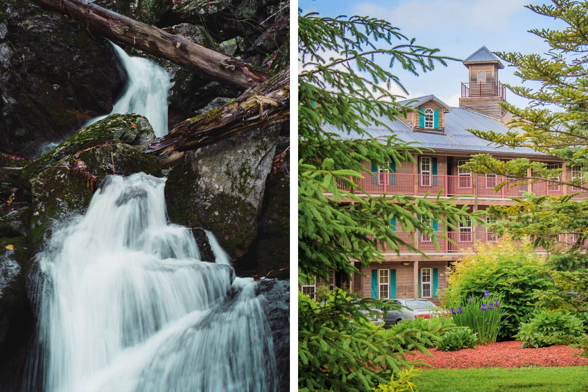 Left: A long-exposure shot of the Bish Bash Falls waterfall. Right: And exterior shot of our Oak n' Spruce Resort.