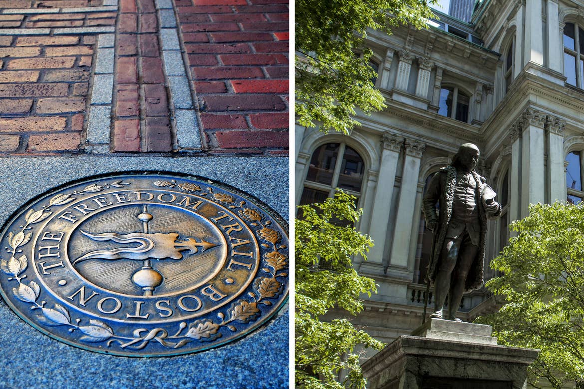 Left: An inlaid plaque indicating the pathway of Bostons Freedom Trail. Right: A statue of Benjamin Franklin in Boston.
