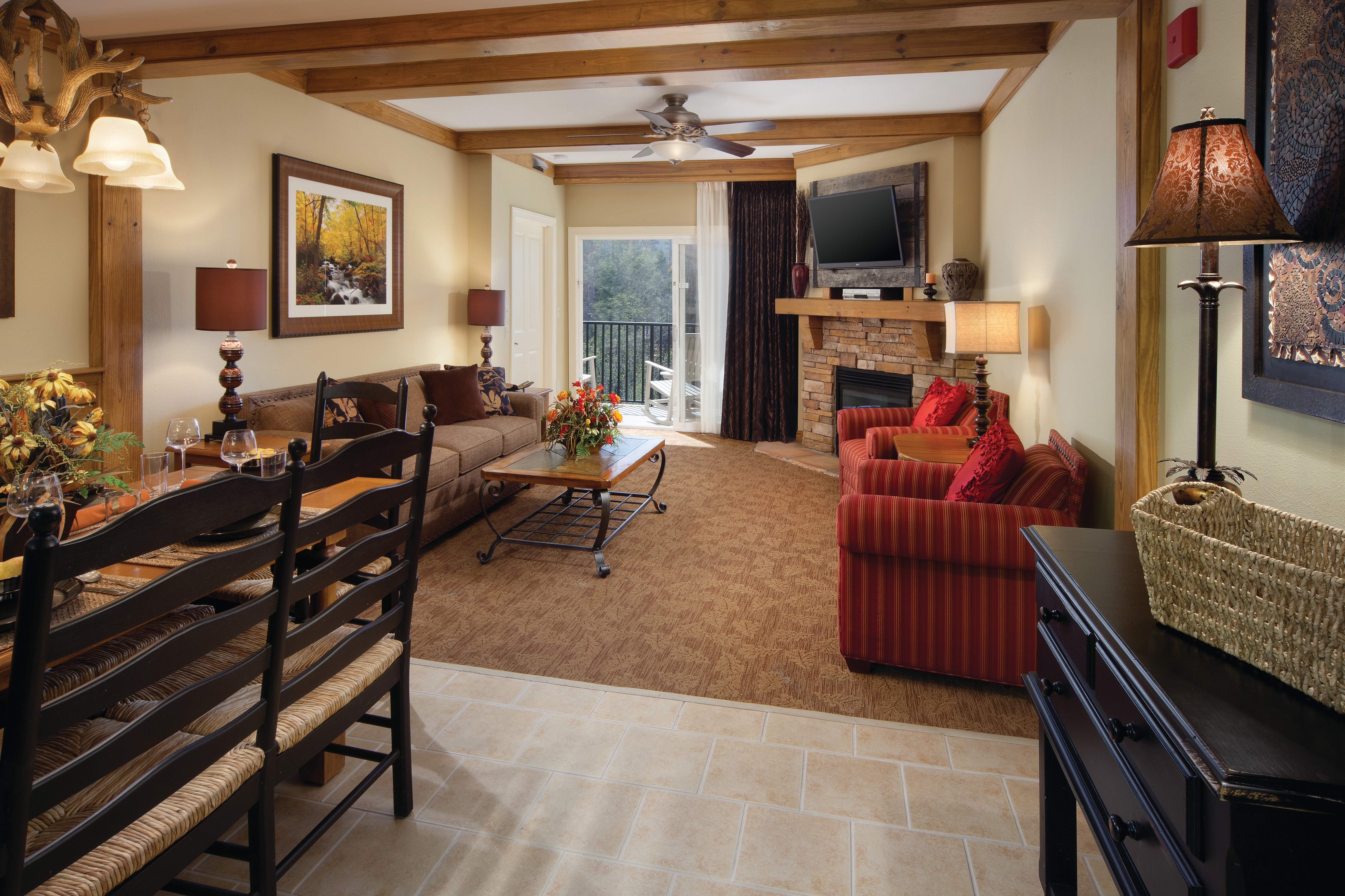 Living room in a villa at Smoky Mountain Resort in Gatlinburg, Tennessee.