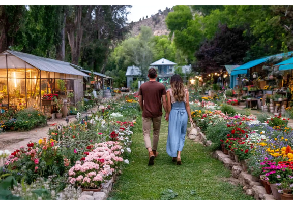 Couple strolling through vibrant gardens, surrounded by blooming flowers and greenery.
