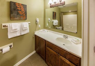 Bathroom with large counter area, sink, and mirror in a studio room at Piney Shores Resort in Conroe, Texas