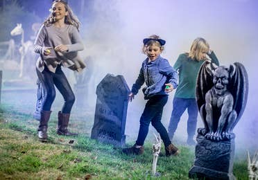 Children doing Halloween-themed scavenger hunt outdoors surrounded by fog.