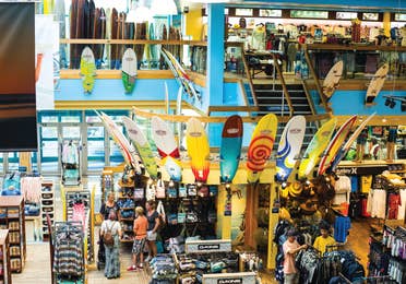 Colorful surfboards inside Ron Jon Surf Shop in Cocoa Beach, FL