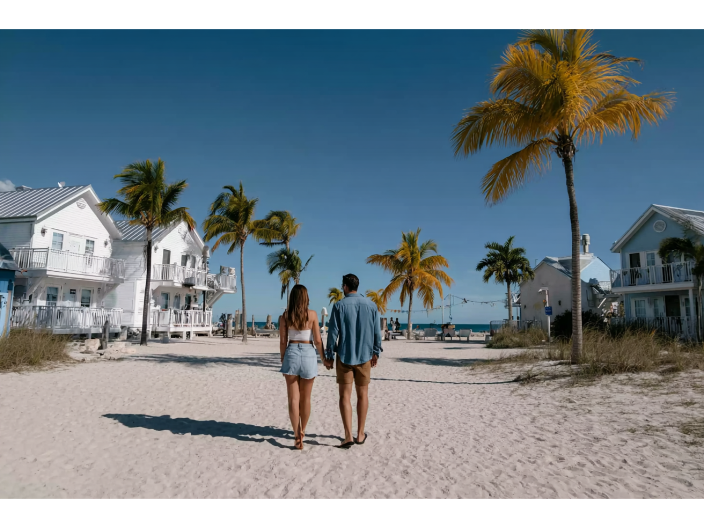 Couple holds hands and walks through sand toward beach.
