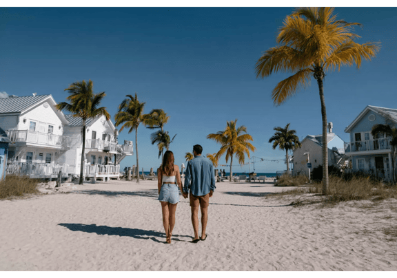 Couple holds hands and walks through sand toward beach.