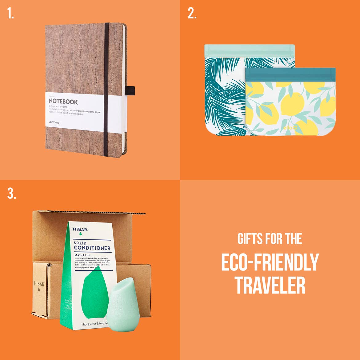 A natural, cork notebook, reusable resealable baggies, and a shampoo bar image are placed on top of an orange graphic that reads, 'Gifts for the Eco-Friendly Traveler.'