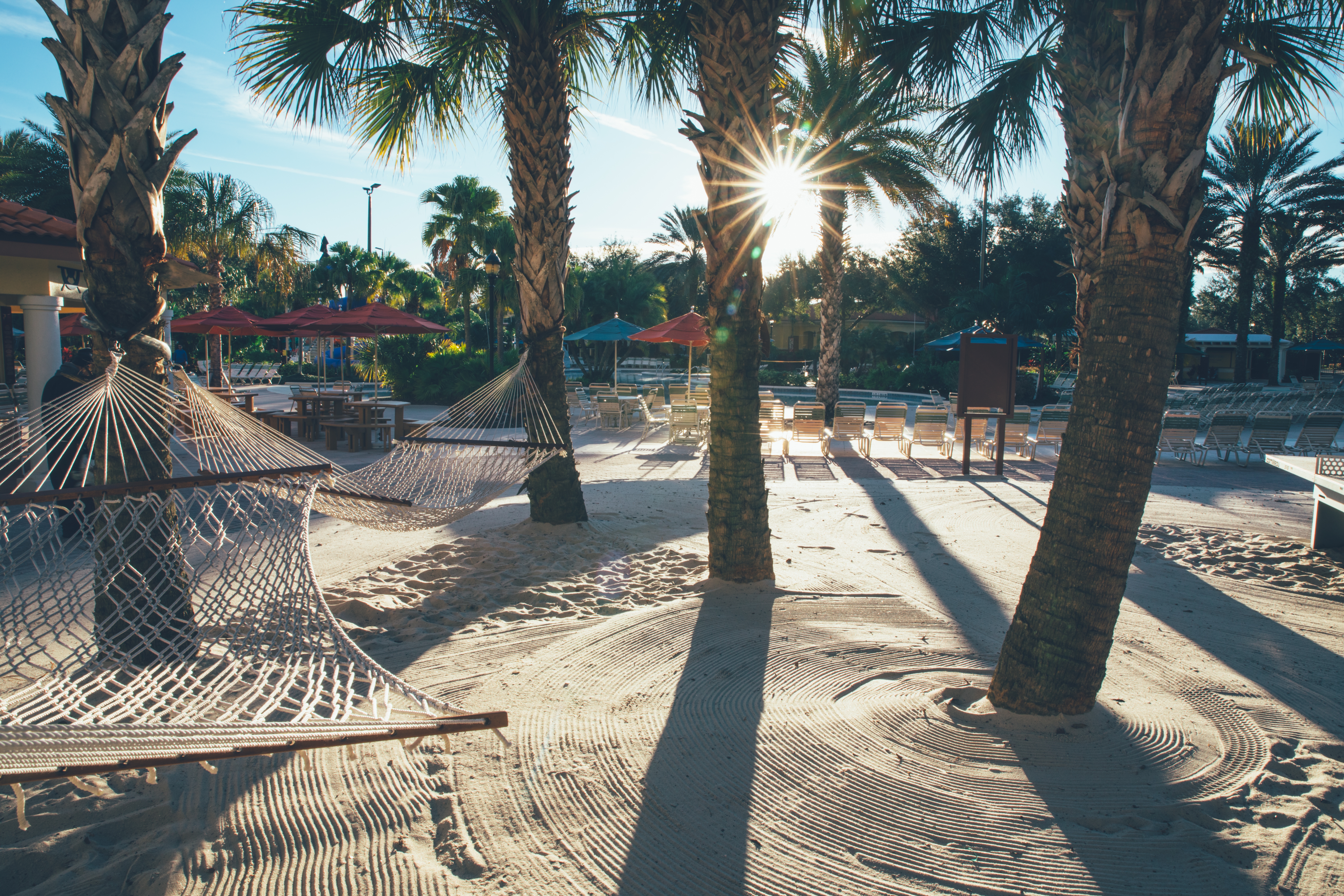 Palm trees and hammock in sand by lazy river in River Island at Orange Lake Resort near Orlando, Florida