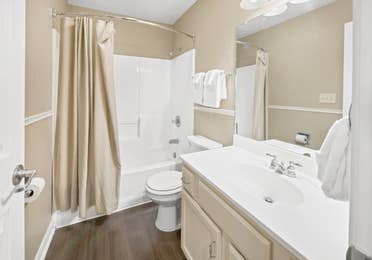 Bathroom in a two-bedroom lodge villa at the Hill Country Resort in Canyon Lake, Texas.