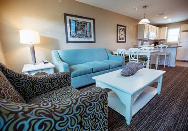Living room in a two-bedroom villa at Galveston Seaside Resort.