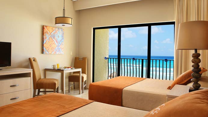 View of bedroom in JuniorSuite at the Royal Sands Resort in Cancun, Mexico.