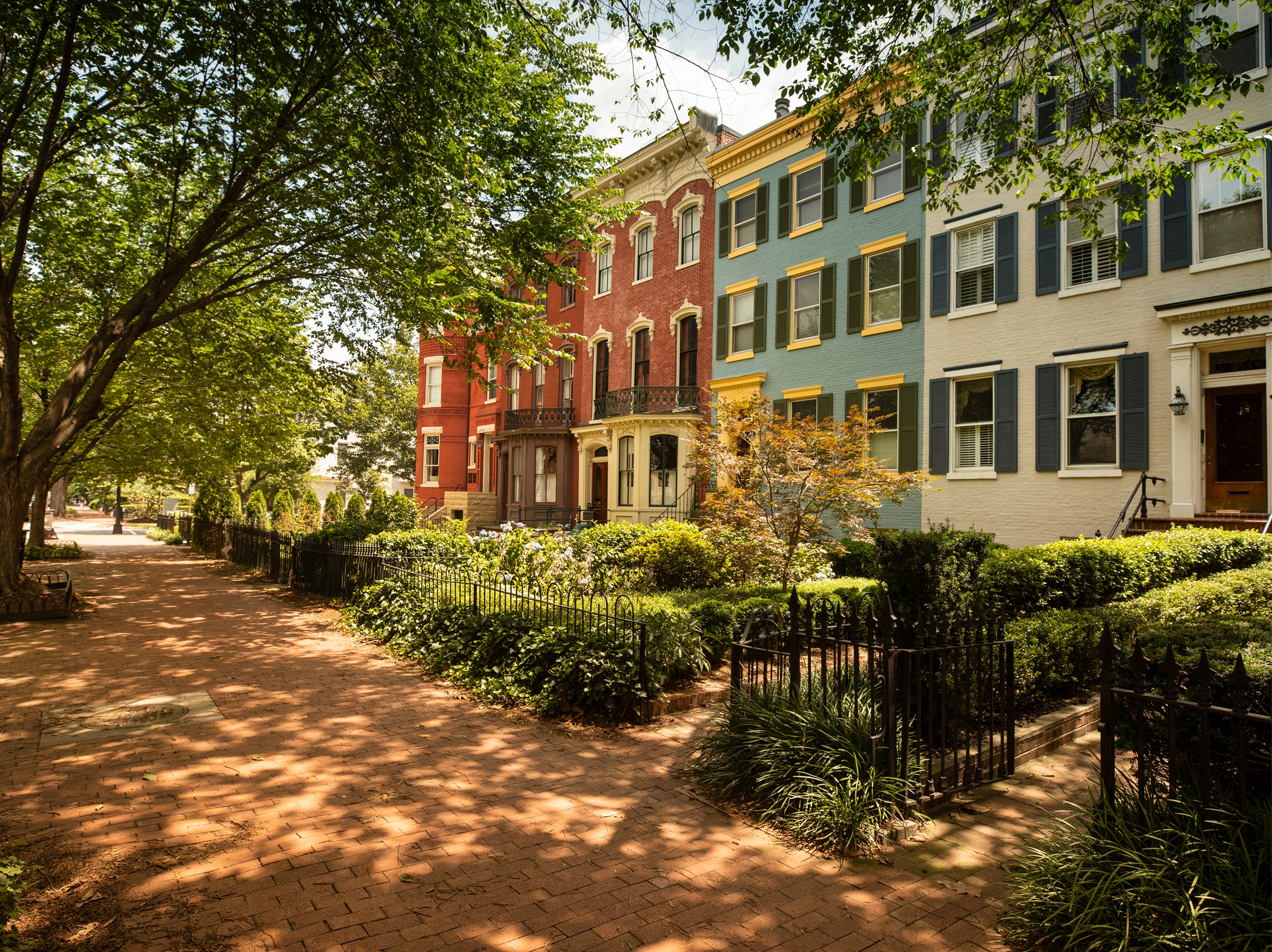 Tree-lined residential street with colorful row houses in Washington, D.C.’s U Street Corridor and Shaw neighborhood. 