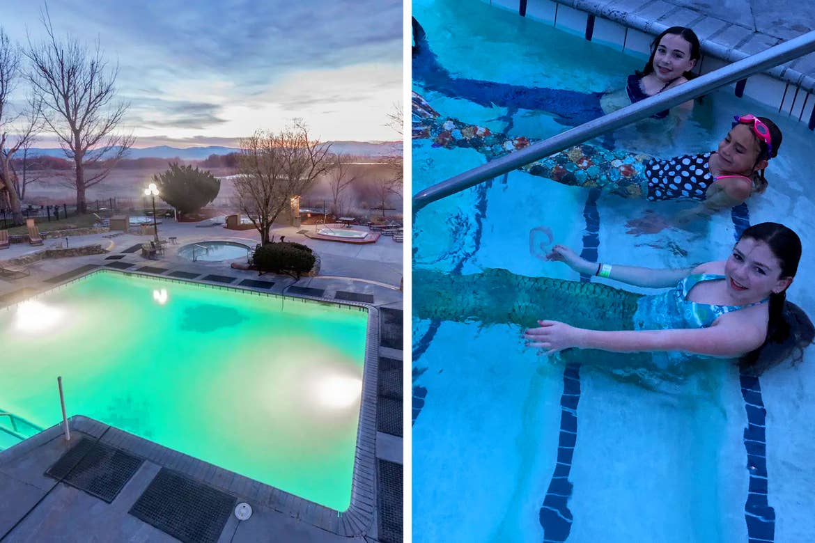 Left: Hot springs and pool at David Walley's Resort in Genoa, Nevada. Right: Three girls wear Mermaid Tails in a pool entrance.