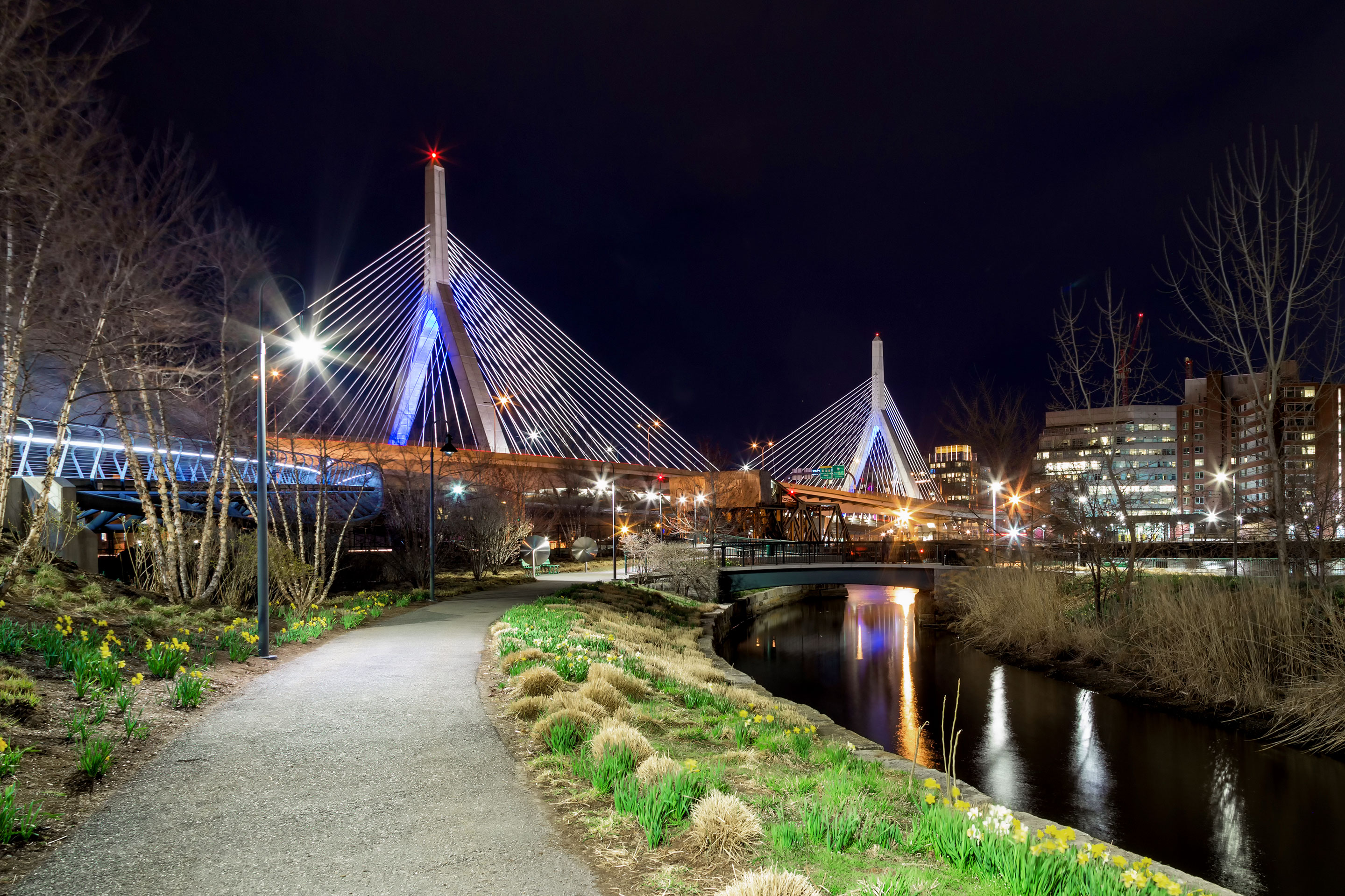 The Zakim Bridge with lights at night.