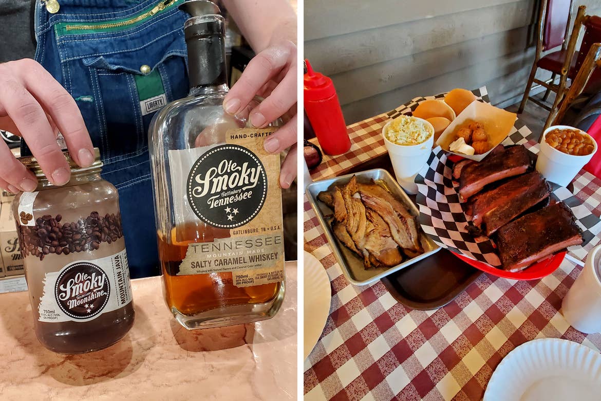 Left: A woman holds two bottles of whiskey on a table. Right: A tray containing various bbq items and condiments on a picnic table outdoors.
