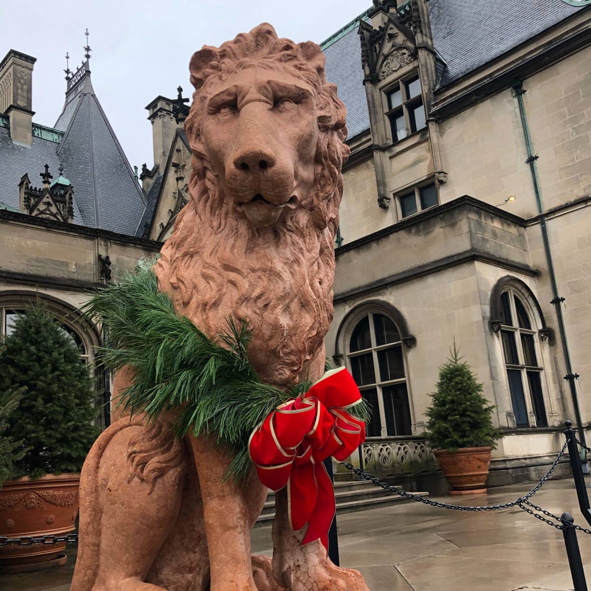 The exterior of the Biltmore Estate with a Lion statue decorated with a Christmas wreath and red bows.