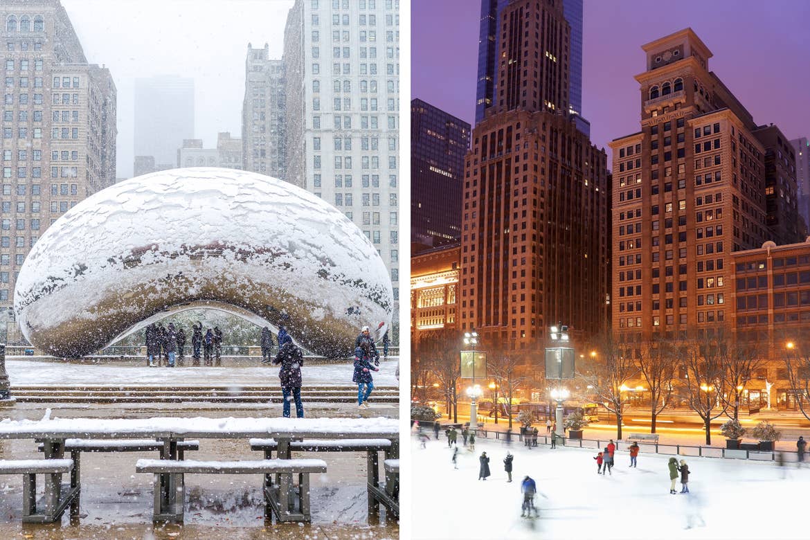 Left: 'Cloud Gate' at Millennium Park in Chicago, IL while its snows. Right: People ice skating during the evening in front of skyscrapers near Millennium Park.