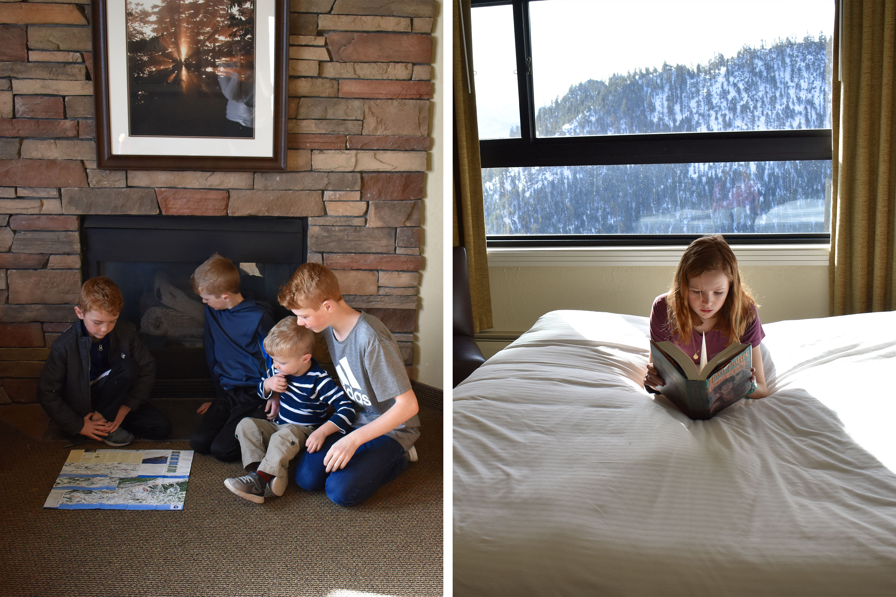 Left: Four boys read a map on the villa floor near a fireplace. Right: A girl reads a book on the bed as the window overlooks a mountainside.
