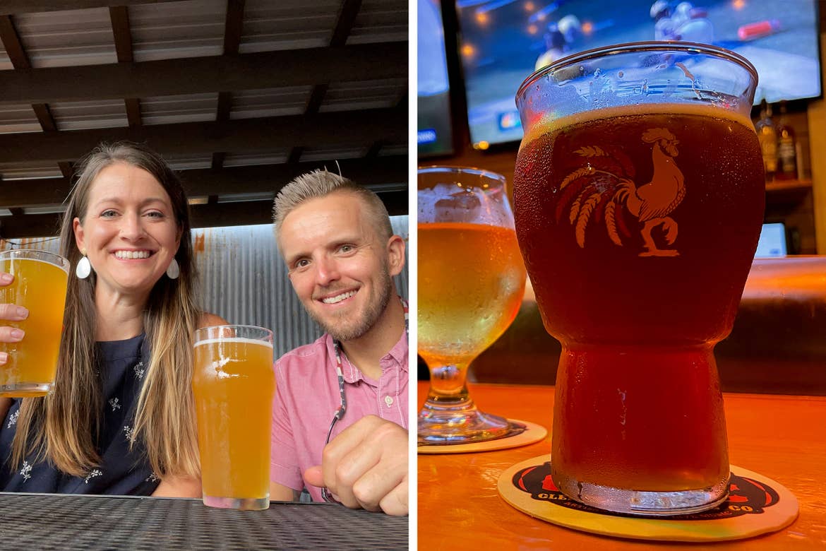 Left: A man and woman hold beers in glasses on a covered outdoor patio. Right: Two different glasses hold two types of beer on a bar top.