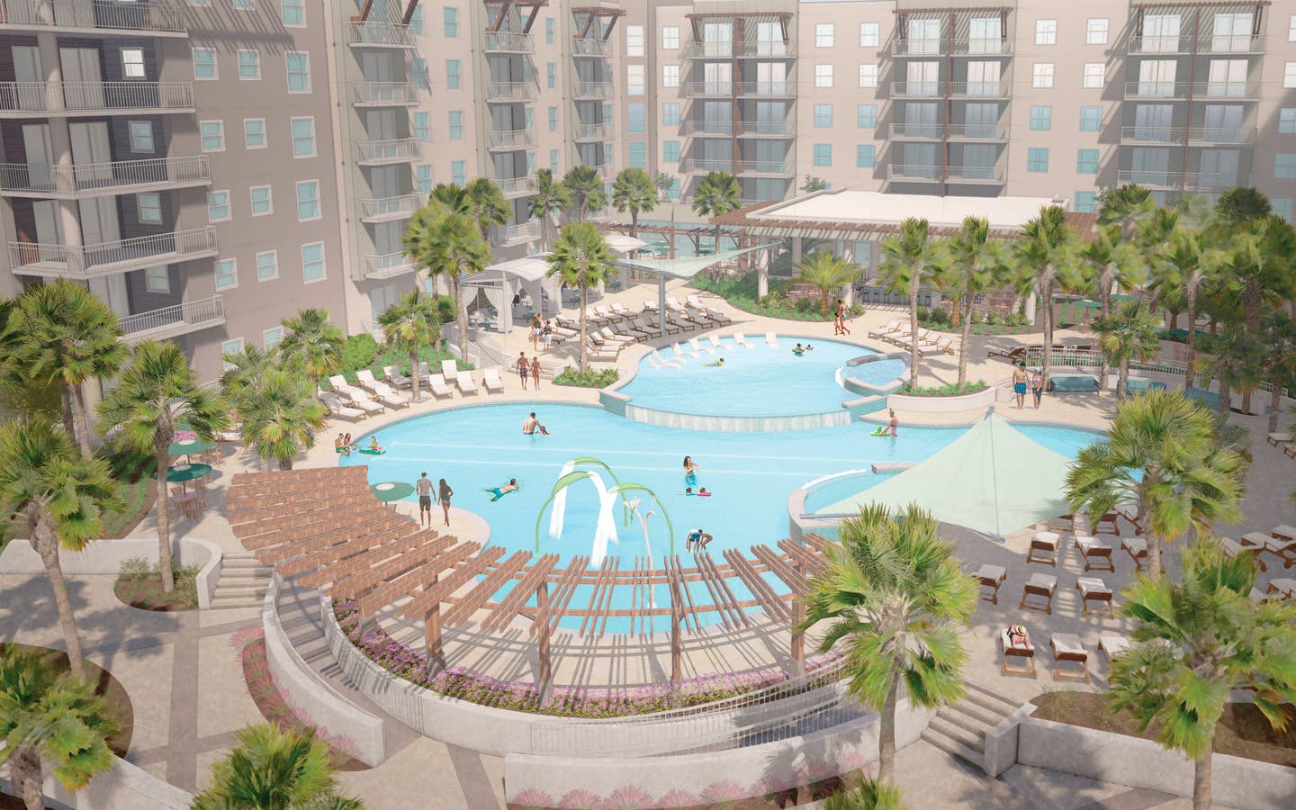 A digital rendering of a resort exterior with a pool, palm trees and guests in swimwear.