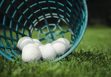 Golf balls in a basket.