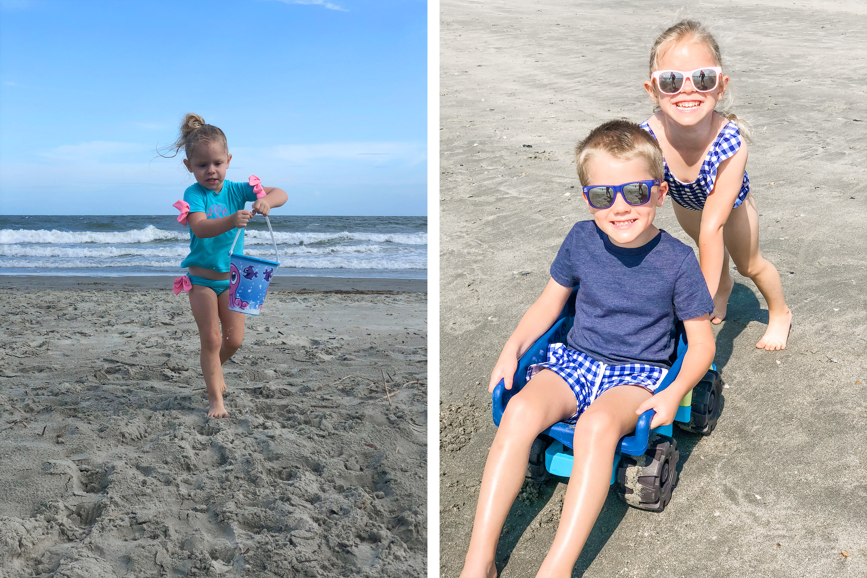 Left: Featured Contributor, Brianna Steele's daughter runs barefoot in the sand with a bucket and shovel on the beach. Right: Brianna's children play in the sand with a toy truck.