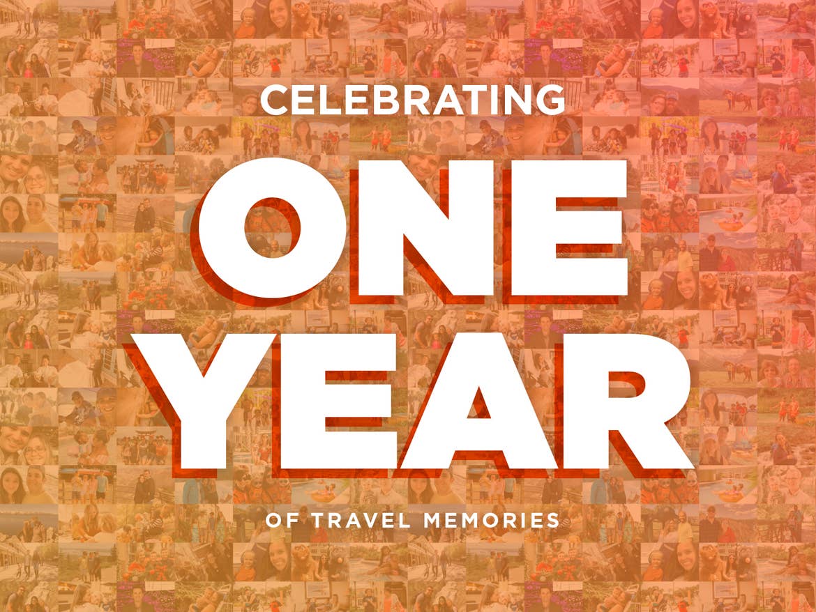 An orange background with text that reads, 'Celebrating One Year of your Travel Memories' filled with collaged photos.