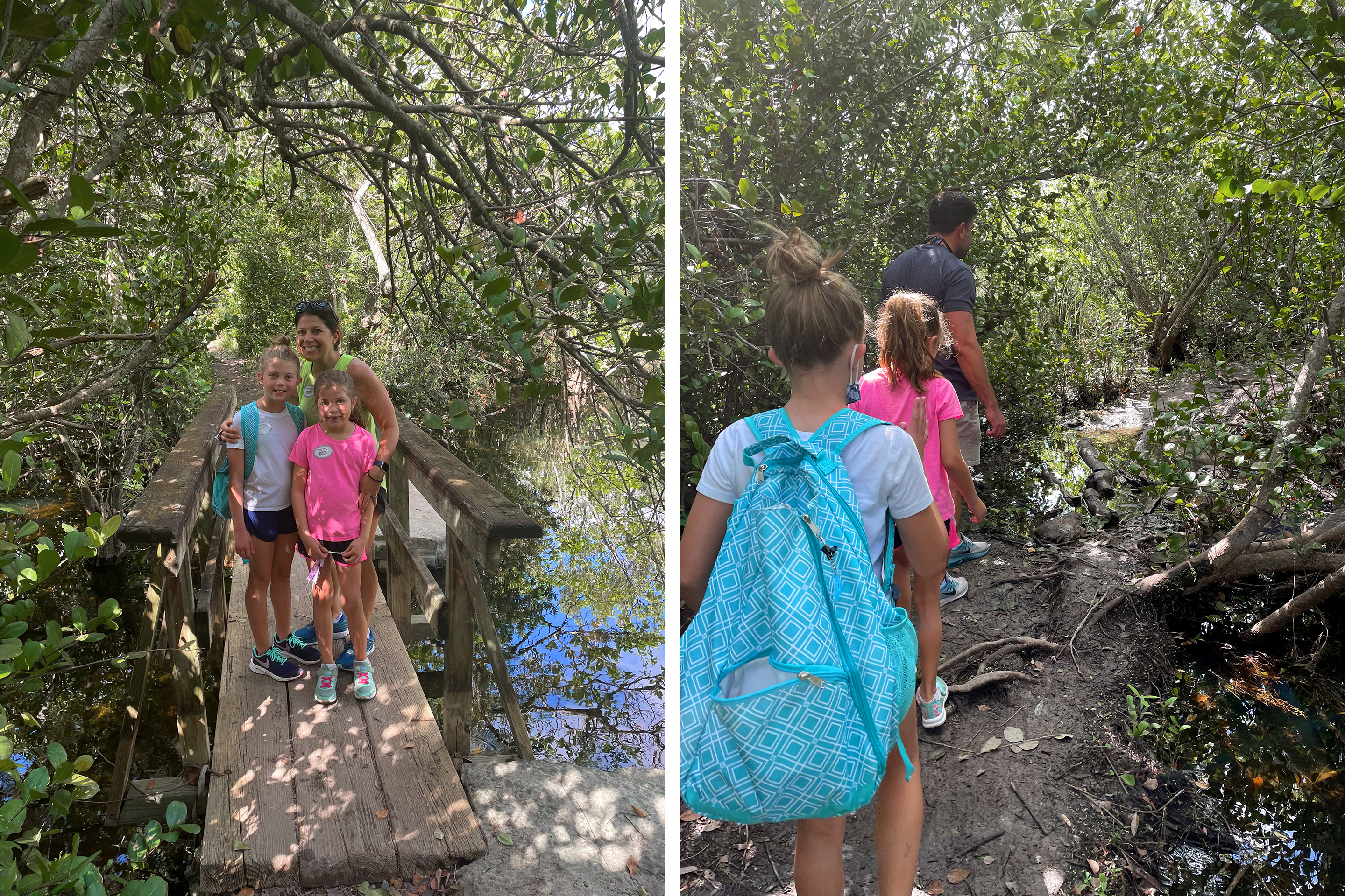 Left: A caucasian woman (middle) poses with two young caucasian girls (front) on a wooden bridge in the Everglades. Right: Two young caucasian girls (front) walk behind a Caucasian male (back) through the Everglades.