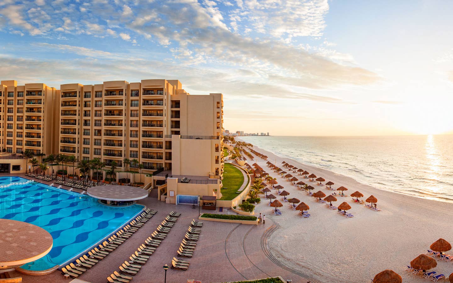 Amazing aerial view at sunset of Royal Sands Resort in Cancun, Mexico.