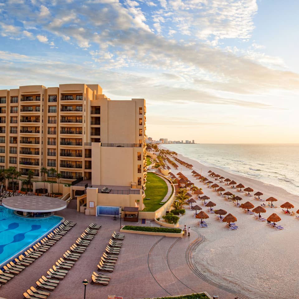 Amazing aerial view at sunset of Royal Sands Resort in Cancun, Mexico.