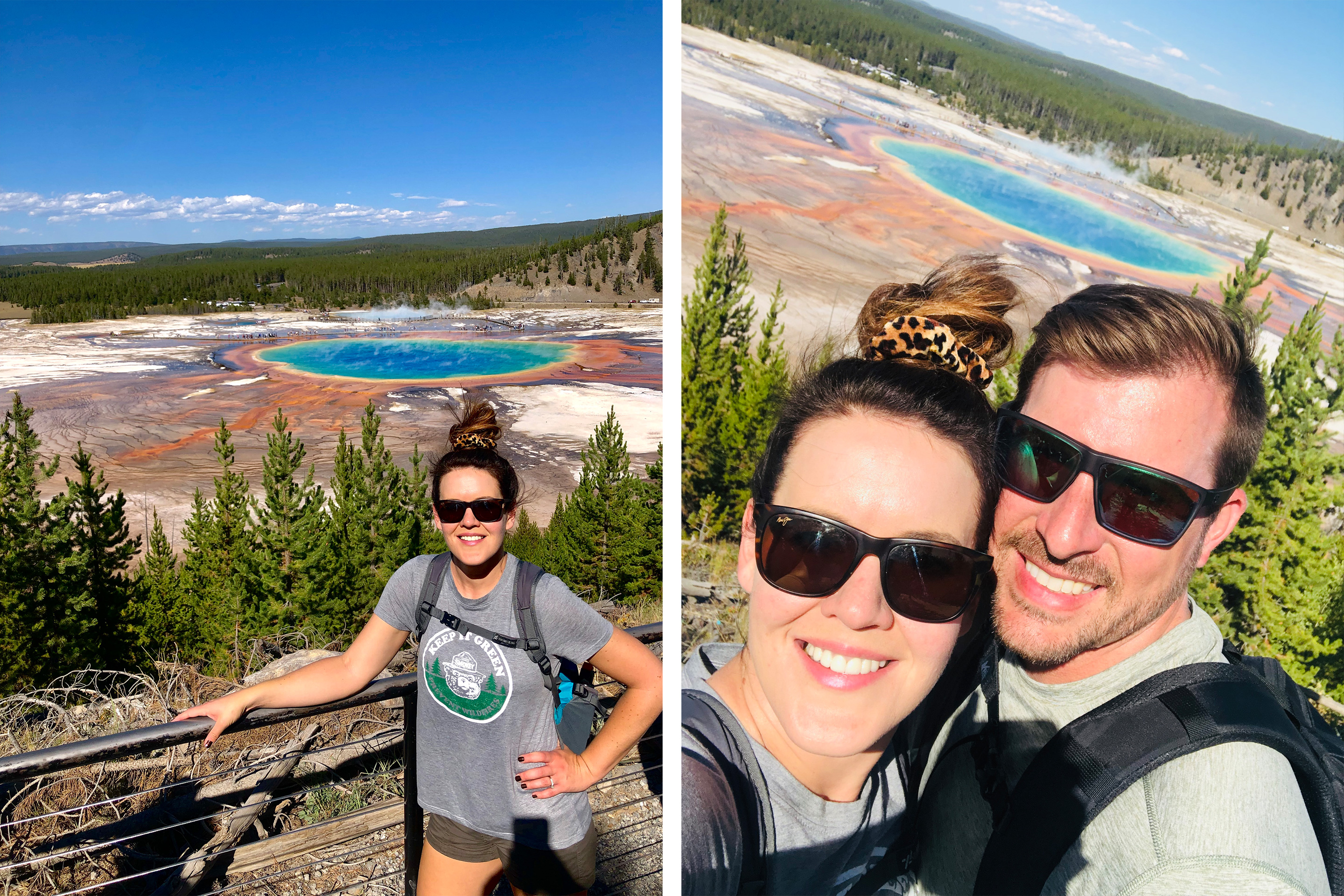 Left: Jenn C. Harmon stands in front of the Grand Prismatic Spring in Yellowstone National Park in Wyoming wearing a grey t-shirt, black sunglasses, and shorts. Right: Jenn (left) and her husband (right) stand in front of the Grand Prismatic Spring.