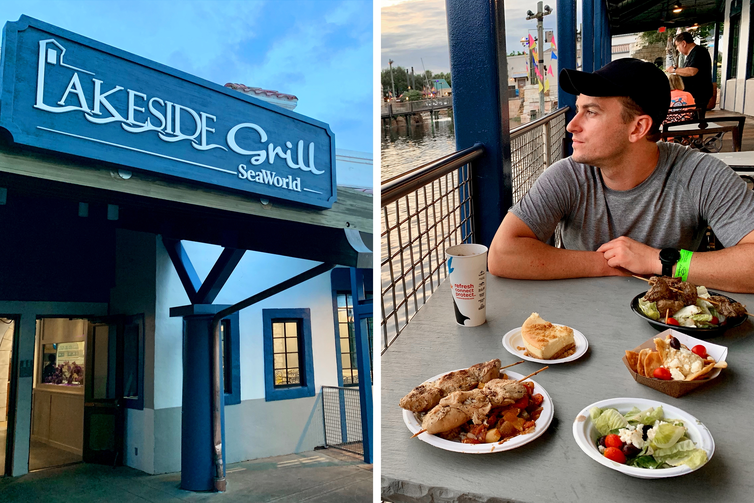 Left: A restaurant exterior with signage that reads, ‘Lakeside Grill SeaWorld’ at dusk. Right: A Caucasian male wearing a grey t-shirt and black sits at a dining table surrounded by food overlooking the water.