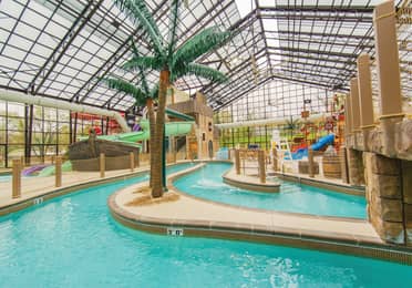 Indoor lazy river and water feature at Pirate's Cay Water Park at Fox River Resort in Sheridan, Illinois