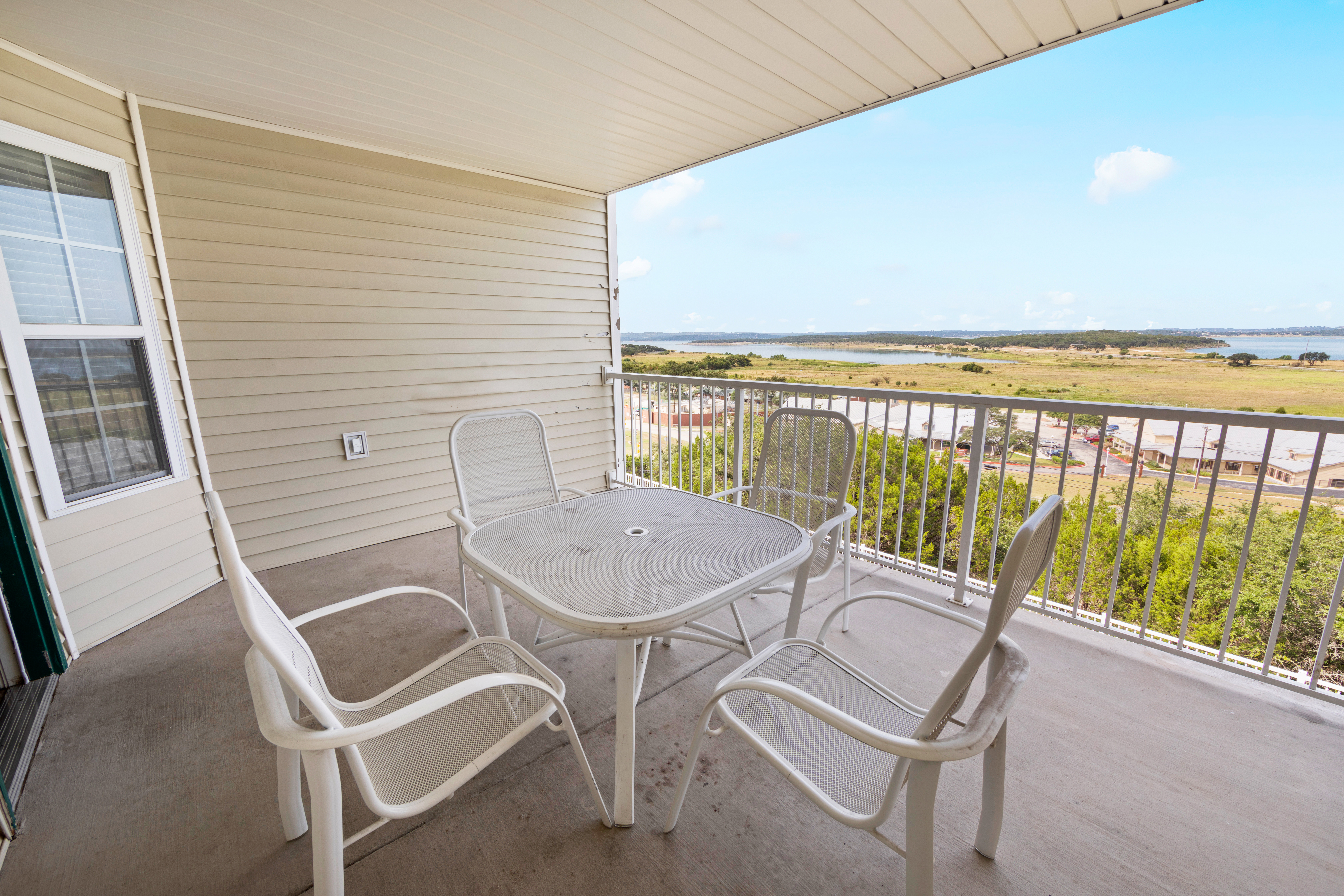 Balcony in a two-bedroom presidential villa at the Hill Country Resort in Canyon Lake, Texas.