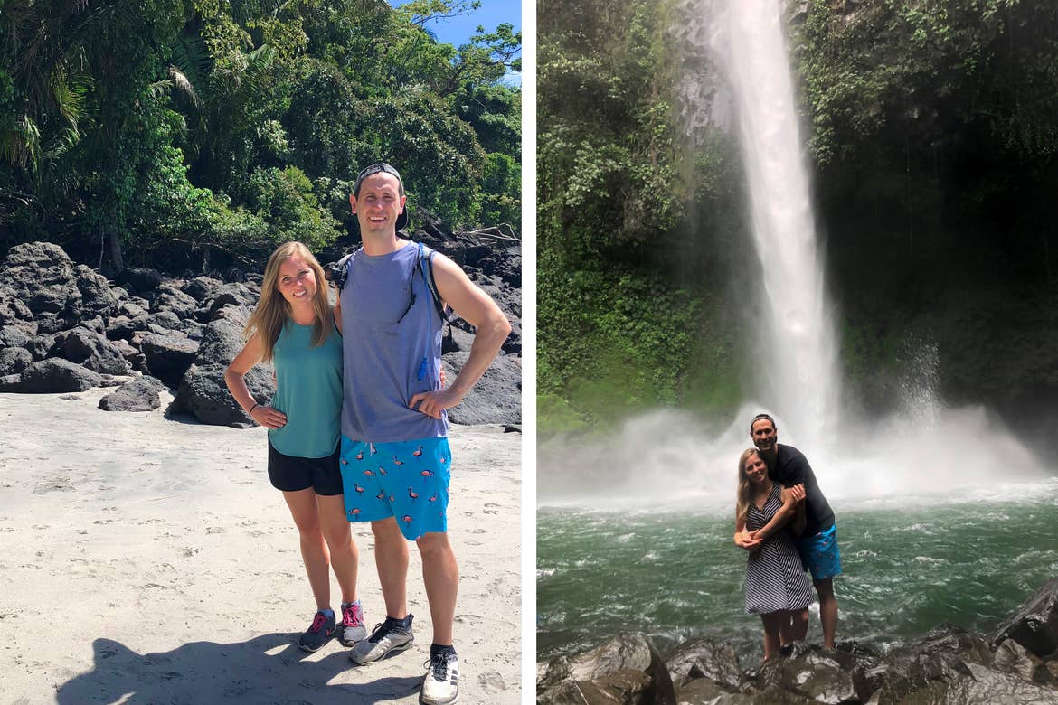 Left: Tiffany (left) and her husband (right) pose in front of greenery in Costa Rica. Right: Tiffany (left) and her husband (right) pose in front of a waterfall in Costa Rica. 
