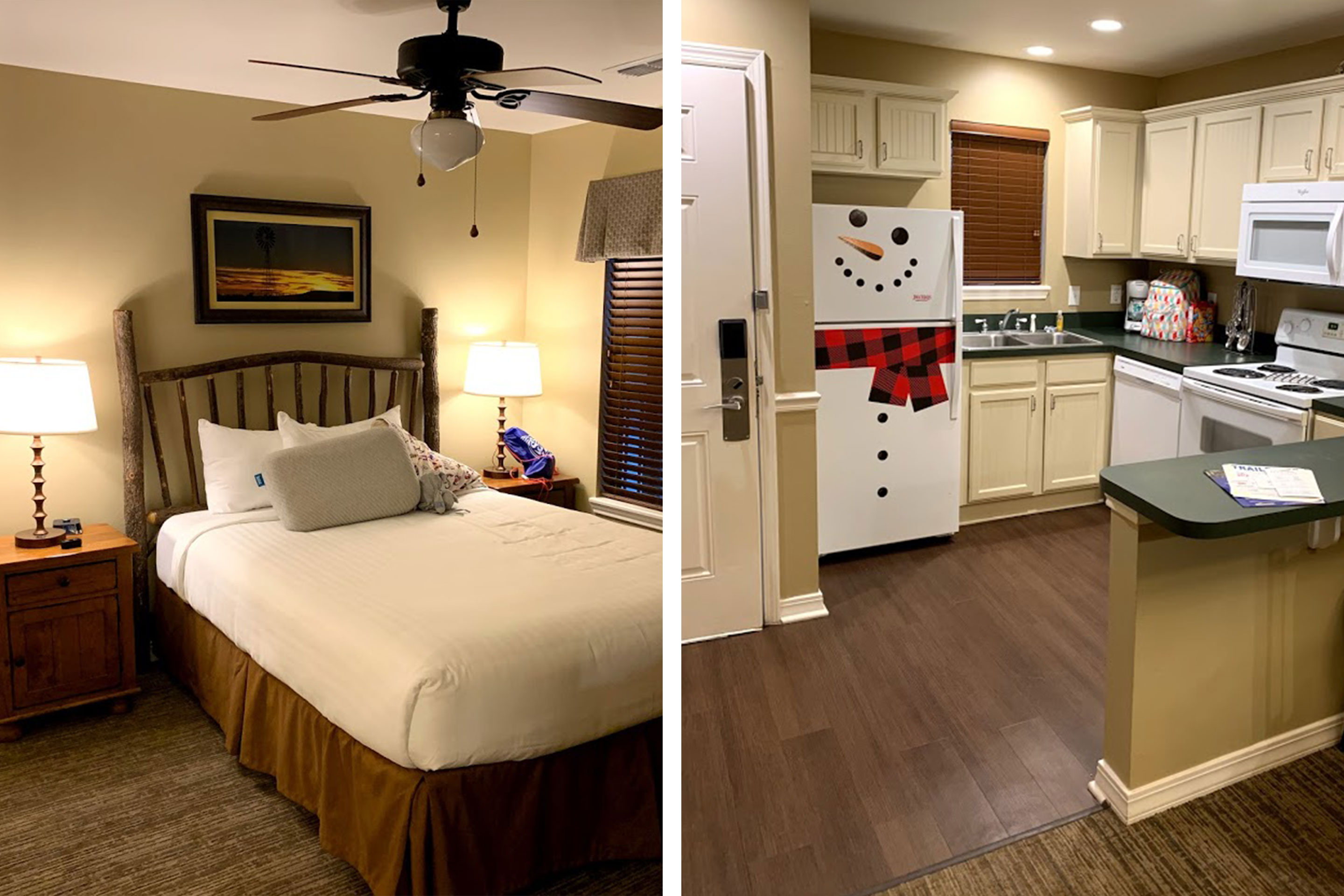 Left: An interior shot of our villa bedroom at the Villages Resort in Texas. Right: An interior shot of our villa kitchen at the Villages Resort in Texas. 