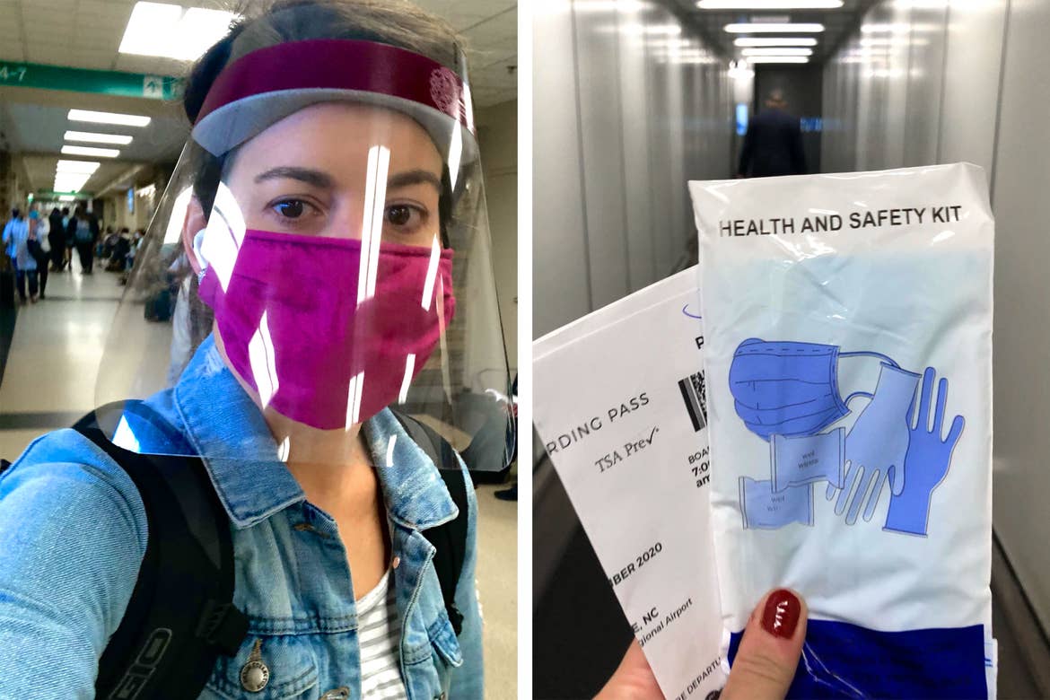 Left: Jennifer C. Harmon wears a pink face shield and safety mask walking through the airport terminal. Right: Jennifer holds her boarding pass and a safety kit provided in a white pouch.