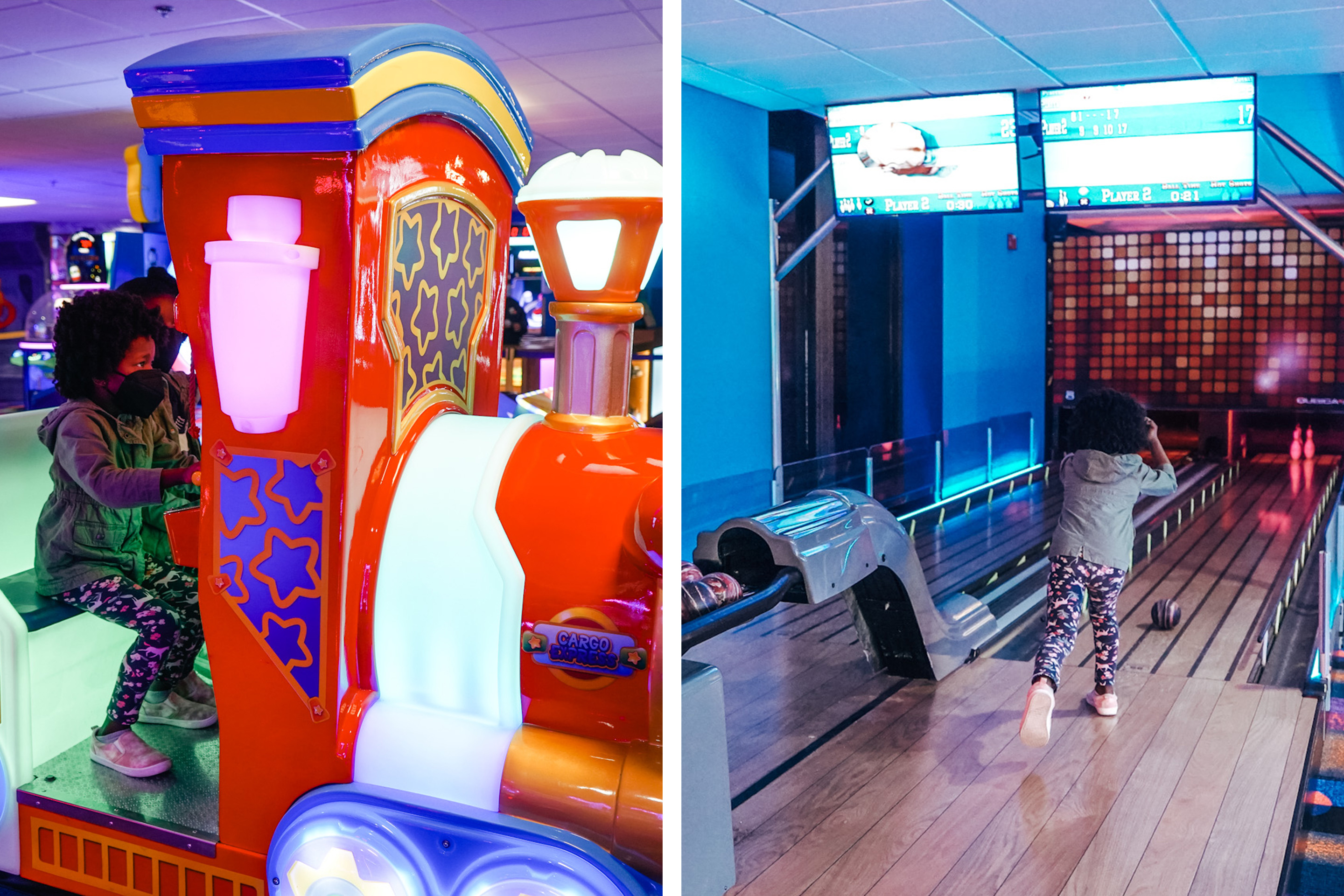 Left: Monet's daughter rides one of the arcade vehicles. Right: Monet's daughter rolls a bowling ball down the alley at our resort.