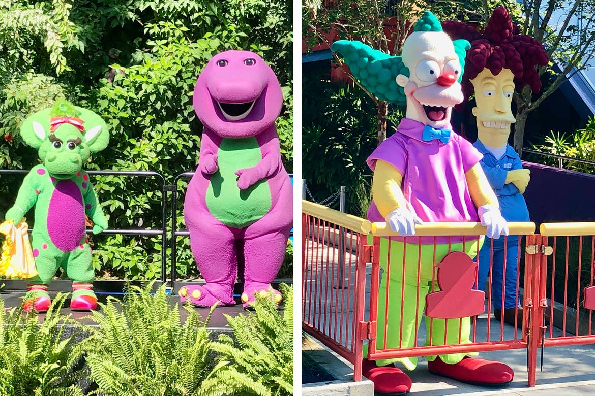 Left: Barney (right) and Baby Bop (left) stand and greet guests from a stage. Right: Krusty the Clown (left) and Sideshow Bob (right) welcome guests at ground-level with a gate to separate and maintain social distancing.