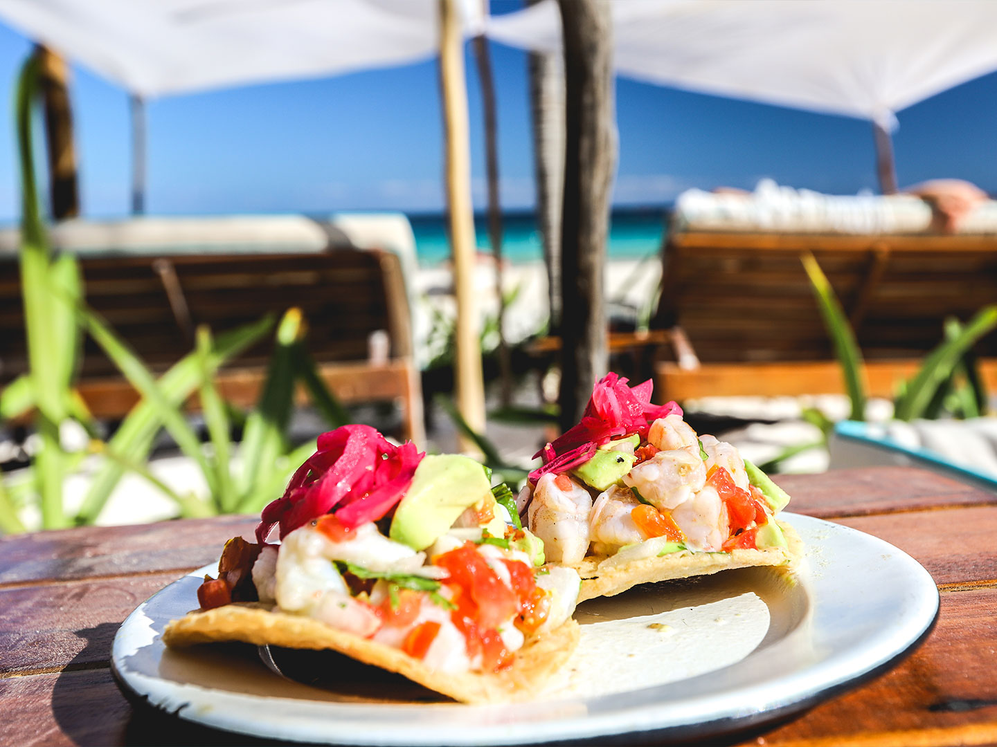 Fish tacos by the pool with beach view from Sand Dollar by the terrace at Royal Sands Resort in Cancun, Mexico