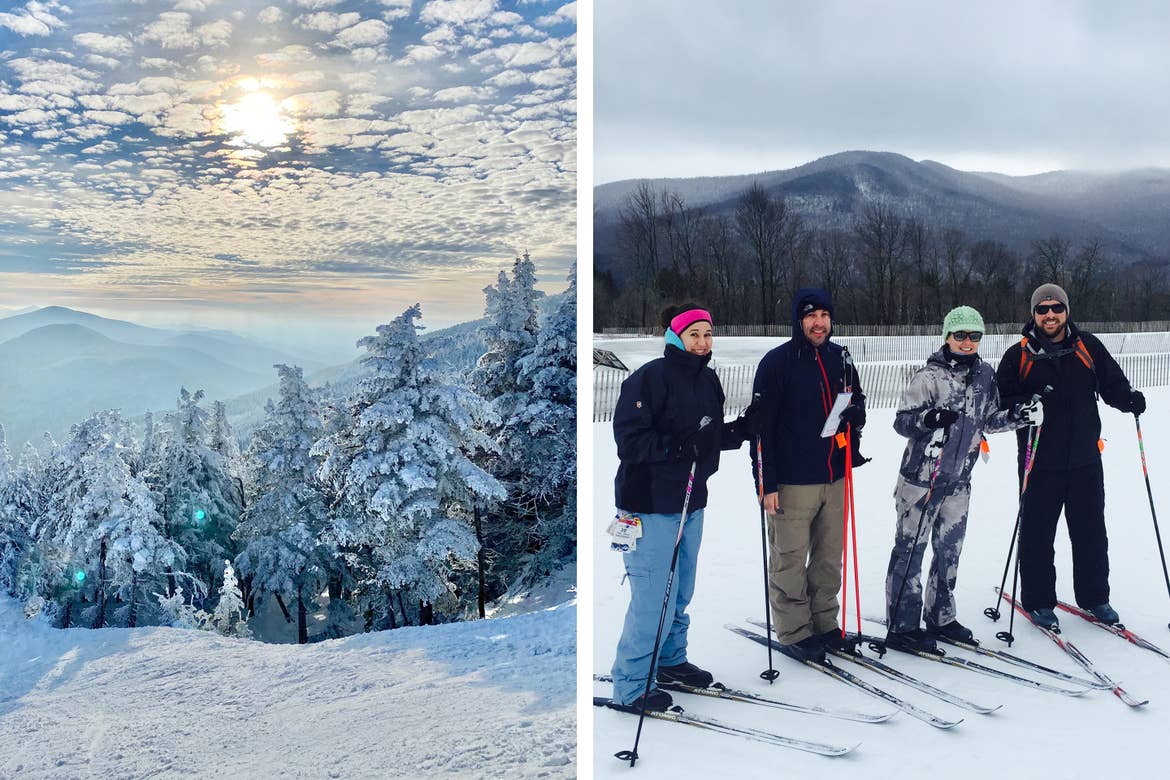 Left: Snow-capped mountain range of Stowe, VT under a cloudy sunset. Right: Co-contributor, Jenn C. Harmon (middle-right), wears a graphic grey ski jacket while standing with friends wearing cross country skiing gear and helmets with goggles.
