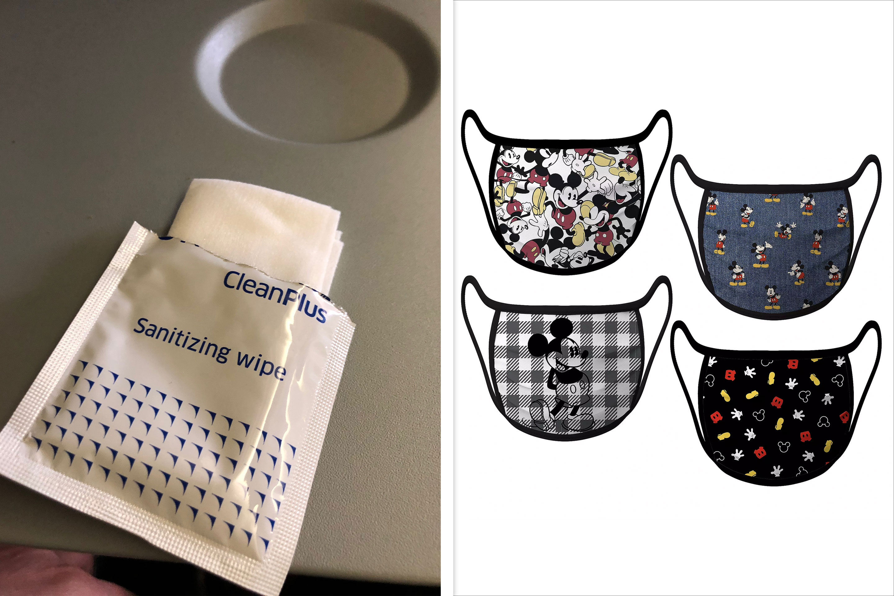 Left: An open packet of hand sanitizer towelettes on an airplane seat tray to ensure COVID-19 safety measures. Right: Various Mickey Mouse inspired cloth masks available on ShopDisney.com.