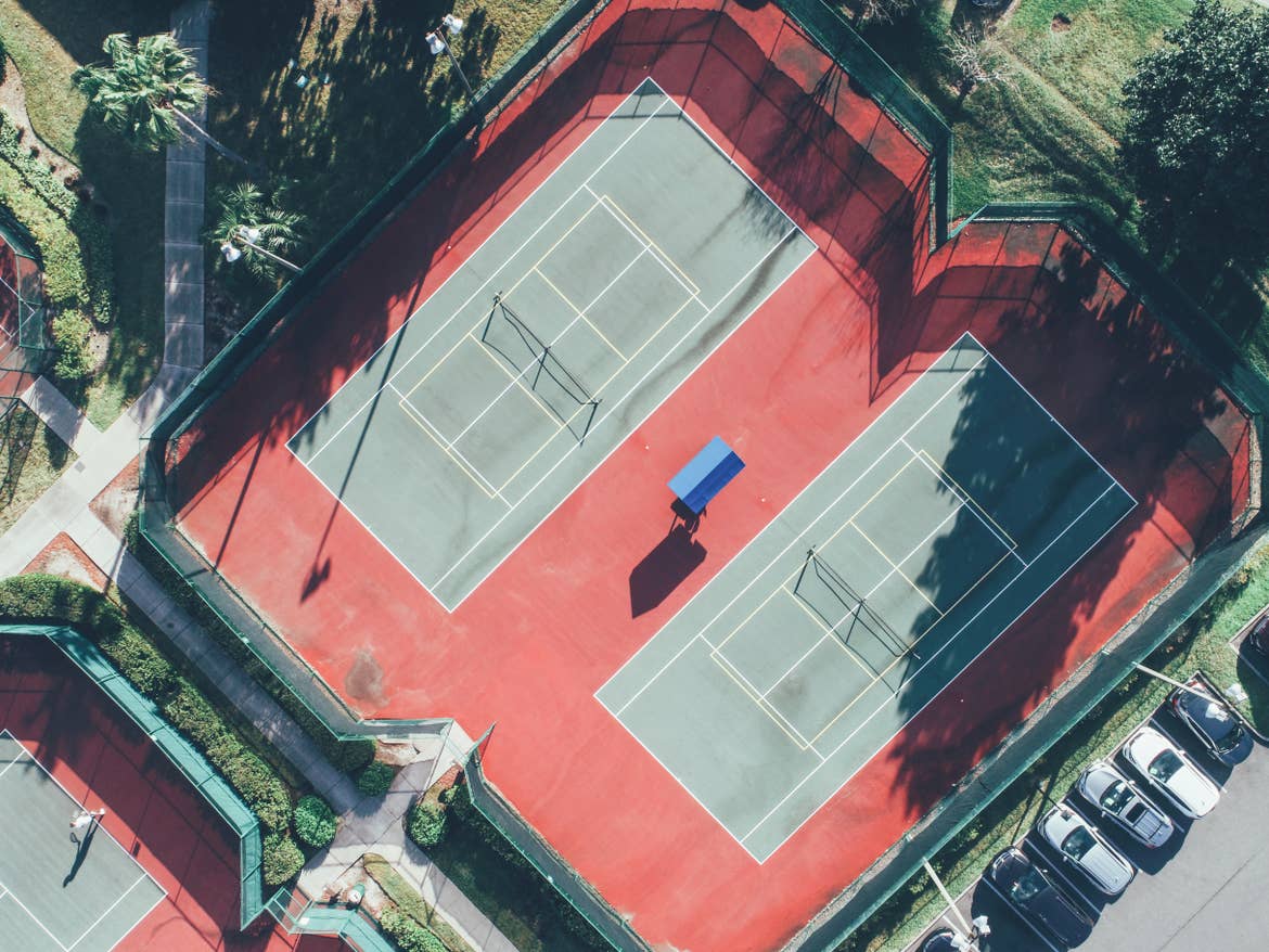 Aerial view of outdoor tennis courts.