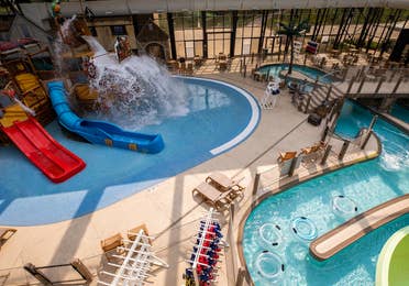 Aerial view of Pirate's Cay waterpark at Fox River Resort in Sheridan, Illinois.