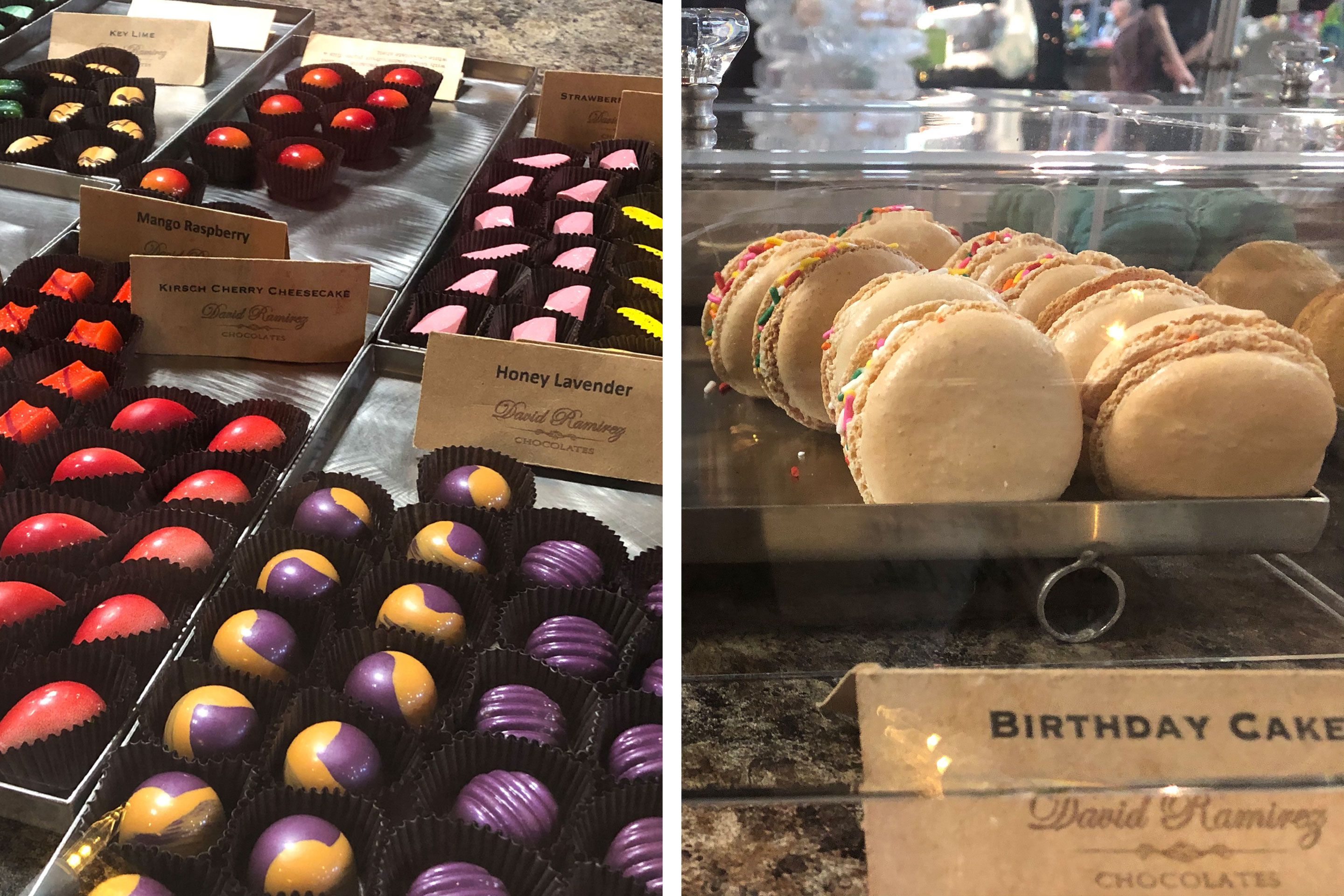 Left: Various chocolate flavors on display from 'David Ramirez Chocolates.' Right: Birthday cake macaroons with white cookies and sprinkles.