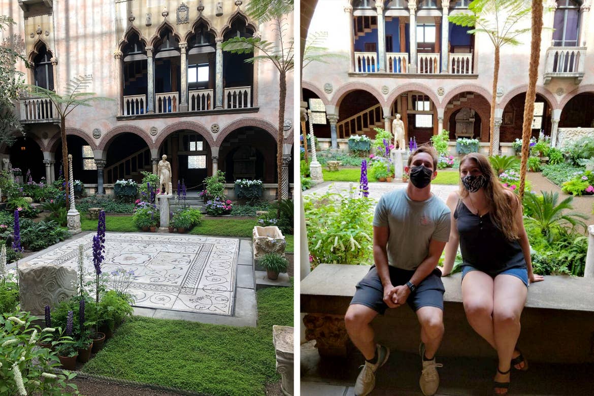 Left: A courtyard garden with statues and greenery. Right: A man (left) and woman (right) sit on a bench wearing safety masks in a courtyard garden.