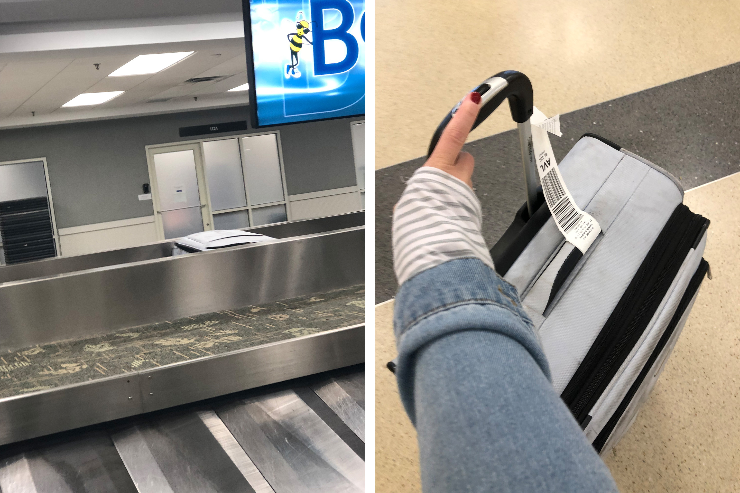 Left: A lone white travel suitcase moves along the baggage claim carousel. Right: A woman's arm holds onto a white travel suitcase with tags.