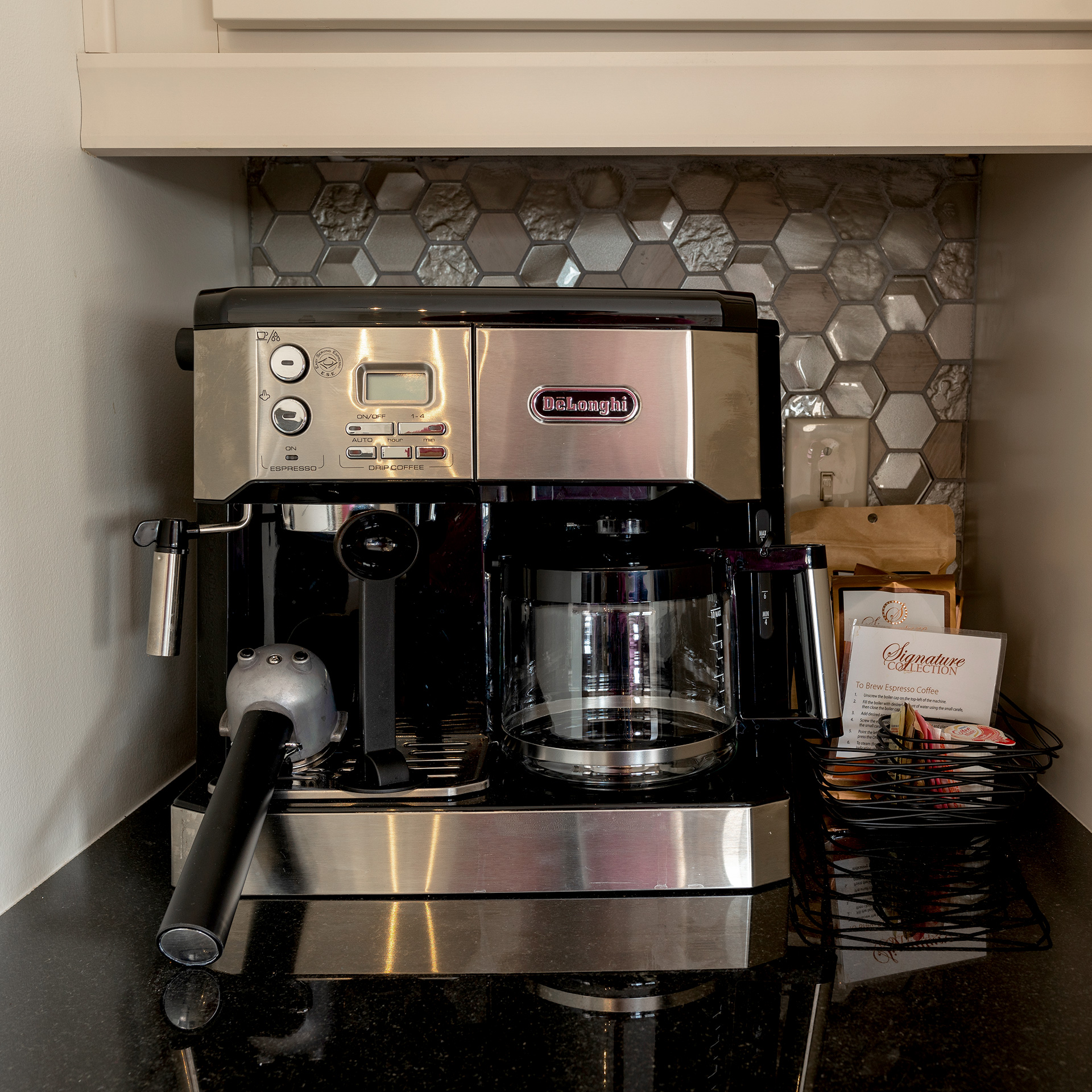 The espresso machine from the kitchen of our one-bedroom Signature Collection villa at New Orleans Resort in Louisiana.