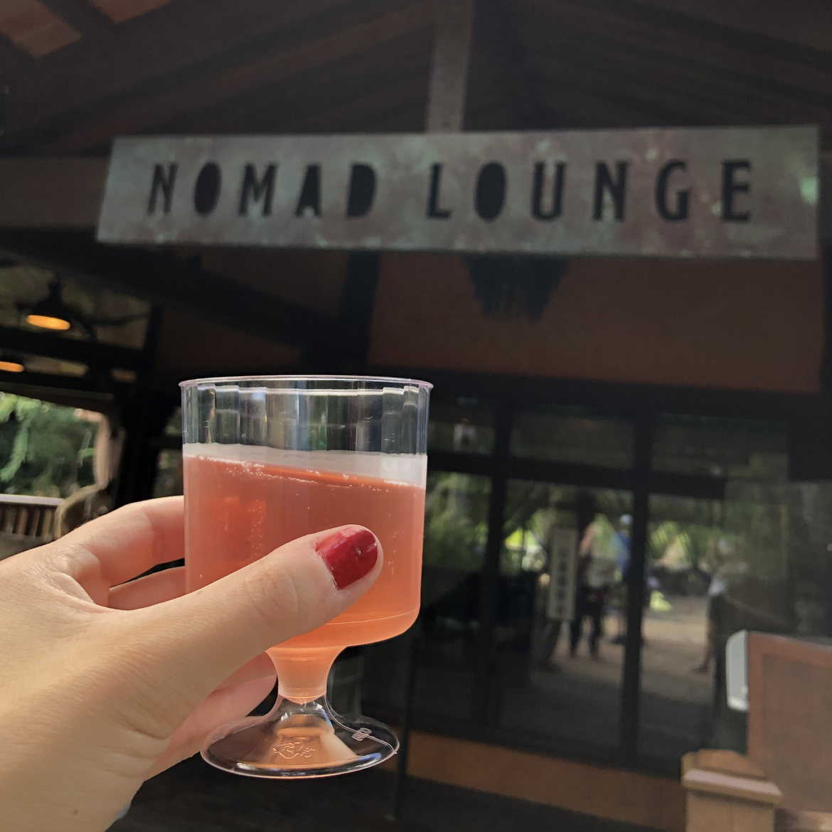 Author, Kelly Nelson, holds a cup of Graham Beck Sparkling Rose outside the Nomad Lounge at Disney's Animal Kingdom Theme Park at Walt Disney World® Resort.
