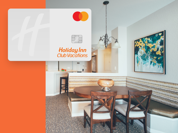 View of dining room area at one of our resorts and credit card promo.