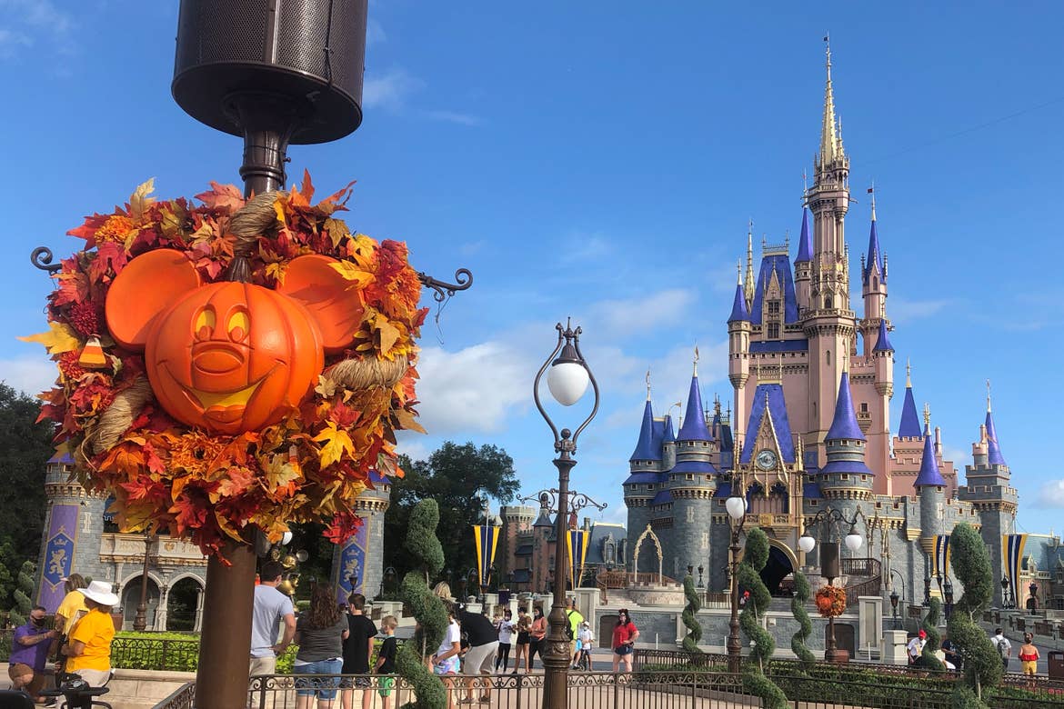 Cinderella's Castle at Magic Kingdom is decorated for the Fall season at Walt Disney World.